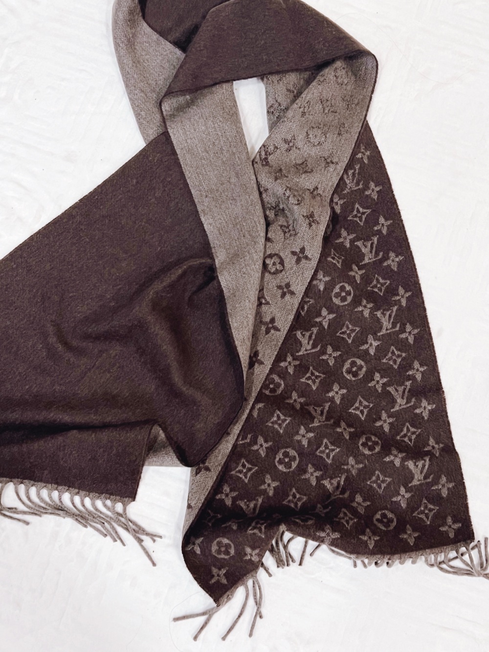 Louis Vuitton Reversible Monogram Wool Scarf in Brown and Taupe